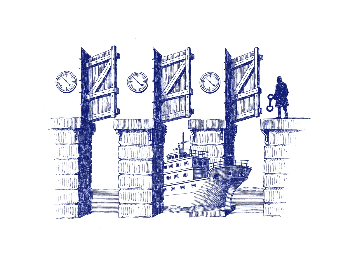 A ship rises through a canal lock whose gates open one by one only when a gauge on each shows the water level true, while a figure in silhouette on the lock wall holds the key to the final gate, the whole scene drawn with wide empty margins on every side.
