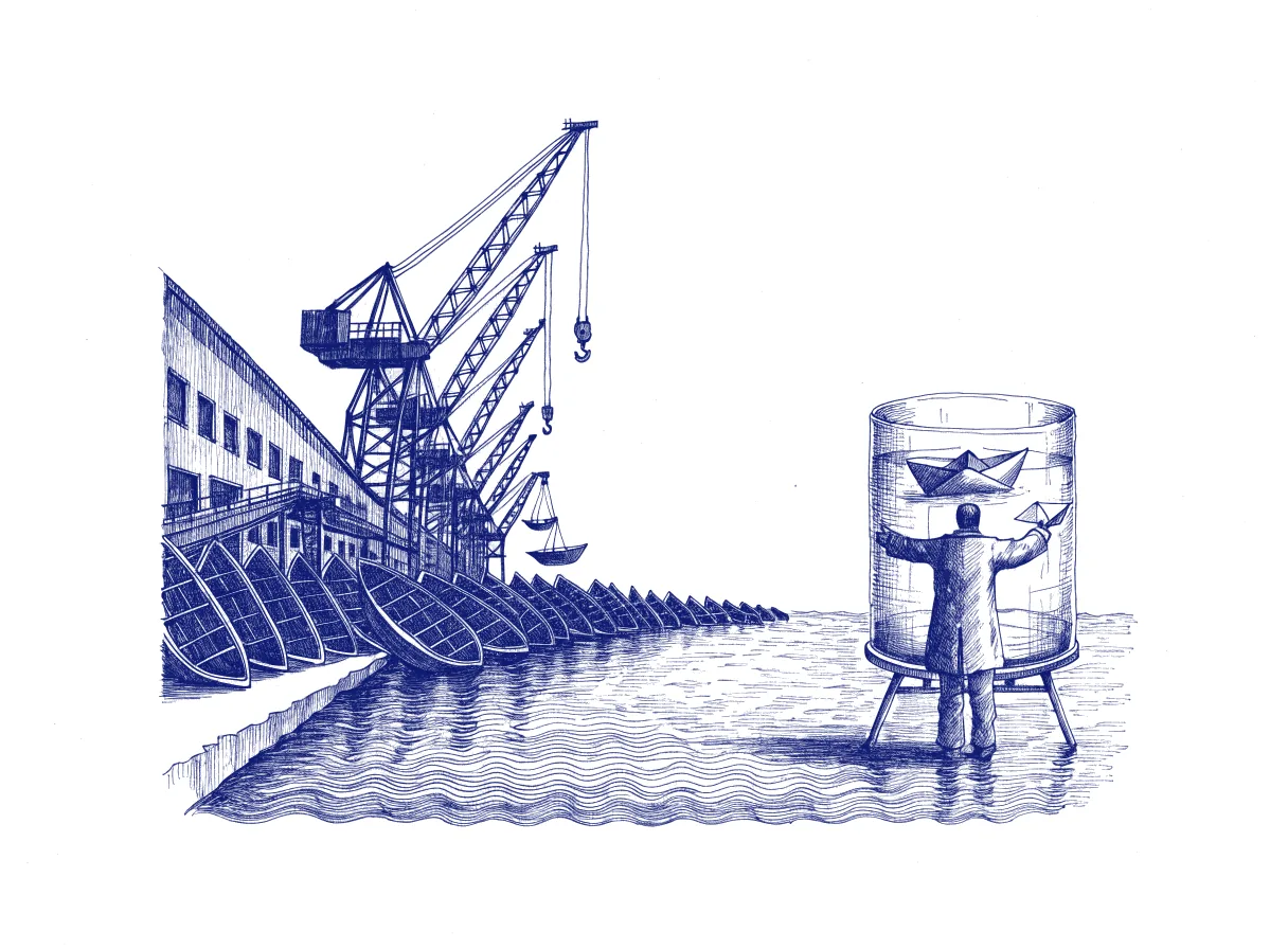 A row of shipyard cranes lowers small boats into a harbour as fast as a conveyor can build them, while a figure seen from behind floats a single paper boat in a glass test tank to see which hull stays upright, the whole scene drawn with wide empty margins on every side.