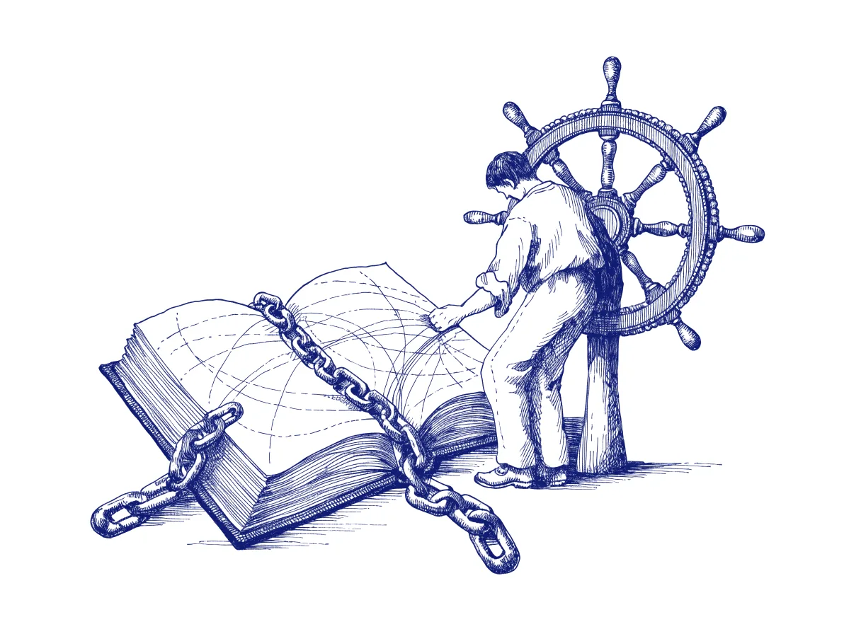 A ship's logbook chained open beside the ship's wheel, its pages full of drawn course lines, as a relief helmsman seen from behind takes the wheel and reads the last entry before steering, the whole scene drawn with wide empty margins on every side.