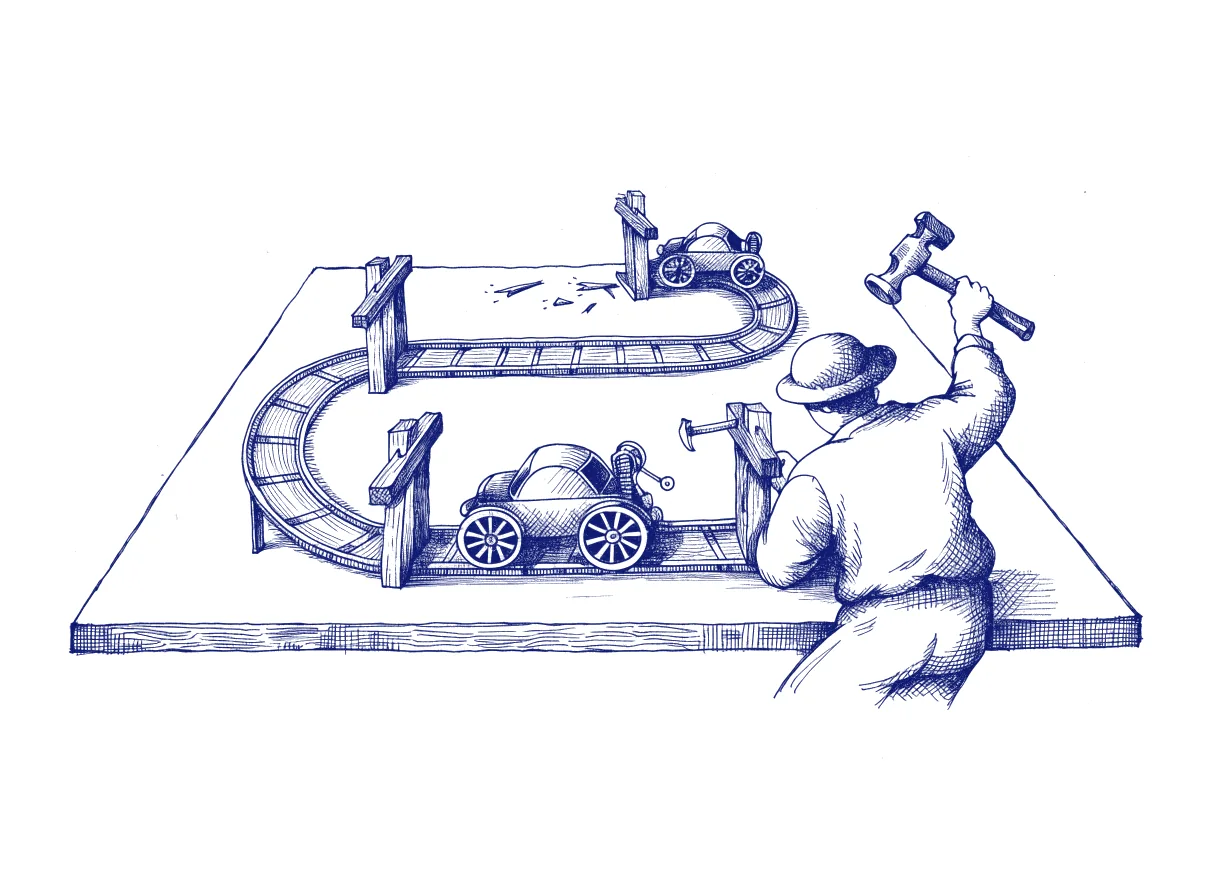 A wind-up toy car runs along a winding tabletop track, and at every bend where it once fell off a small wooden barrier has been nailed in place, while a figure seen from behind hammers in one more, the whole scene drawn with wide empty margins on every side.
