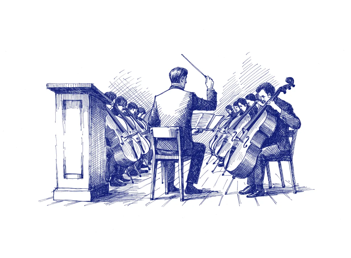 An orchestra conductor's podium stands empty while the conductor, seen from behind, sits among the cellos playing one and nodding the tempo to the players on either side, the whole scene drawn with wide empty margins on every side.