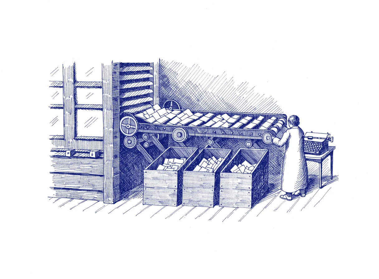 A sorting machine on a factory floor drops paper slips into three wooden bins, while a figure seen from behind holds the last slips back from a typewriter waiting at the end of the line, the whole scene drawn with wide empty margins on every side.