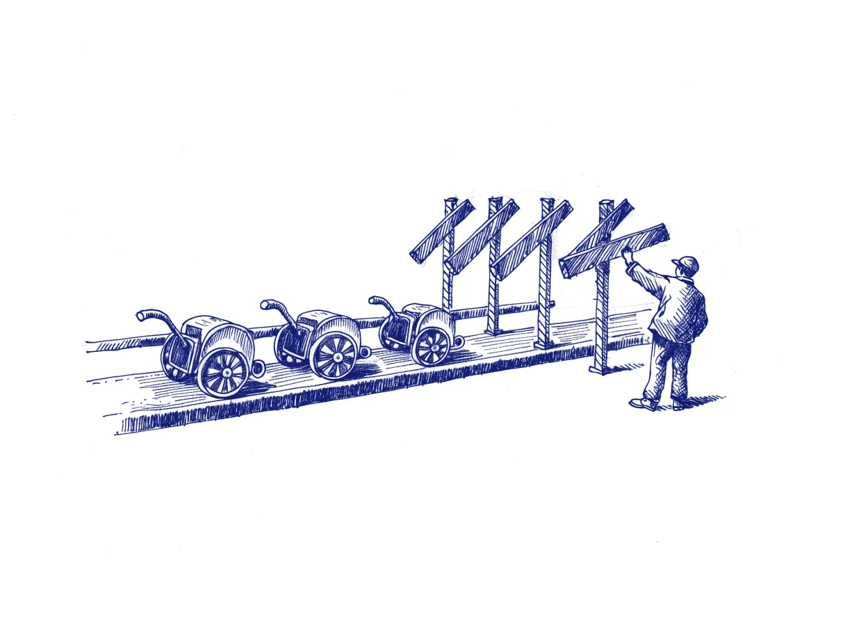 Three small wind-up carts roll along a narrow track towards a row of level-crossing barriers, and the last barrier stays down until a figure seen from behind lifts it by hand, the whole scene drawn with wide empty margins on every side.