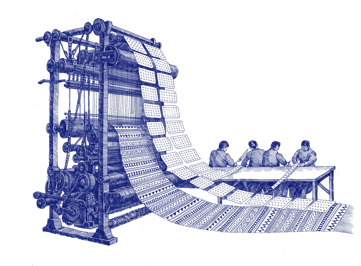A tall weaving loom turns out a long bolt of patterned cloth from a chain of punched cards that four figures seen from behind are cutting by hand at a long table, the whole scene drawn with wide empty margins on every side.