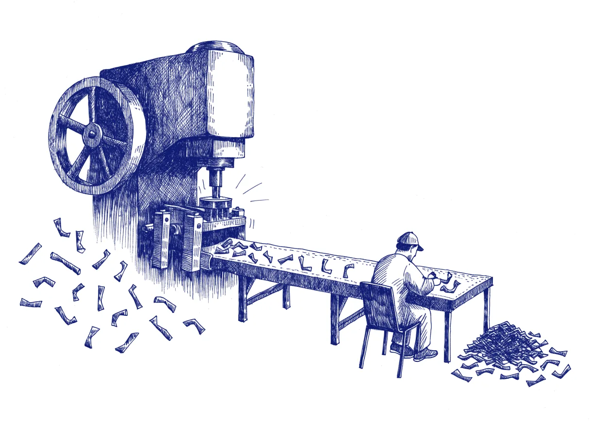 A fast stamping press spits crooked metal parts onto a long conveyor belt that ends at a small table, where a single figure seen from behind straightens each part by hand beside a growing pile, the whole scene drawn with wide empty margins on every side.