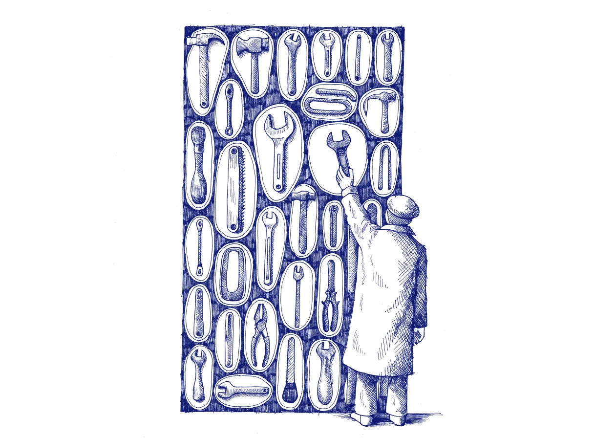 A tall tool wall where every hand tool hangs inside its own painted outline, and a figure seen from behind returns a wrench to the one outline that fits it, the whole scene drawn with wide empty margins on every side.