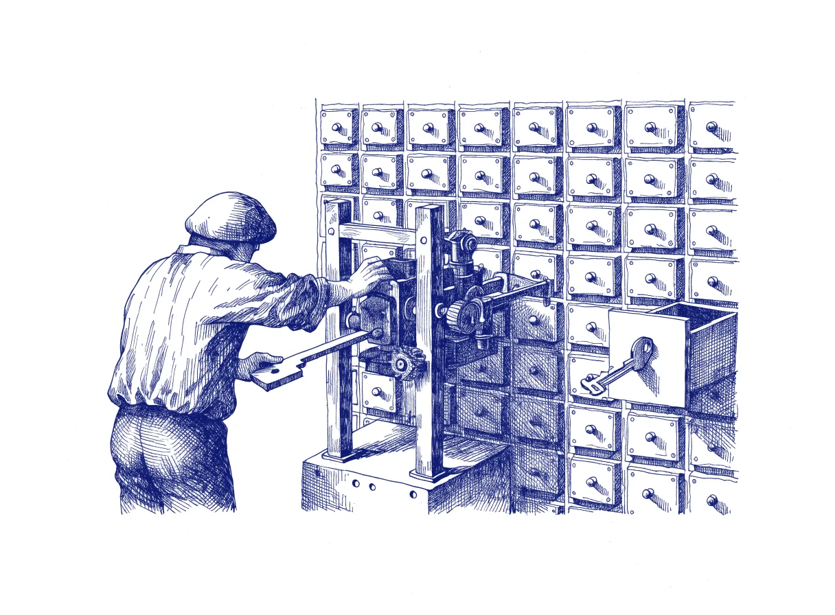 A figure seen from behind feeds one blank key into a key-cutting machine, and the finished key fits only a single drawer in a wall of a hundred locked drawers, the whole scene drawn with wide empty margins on every side.