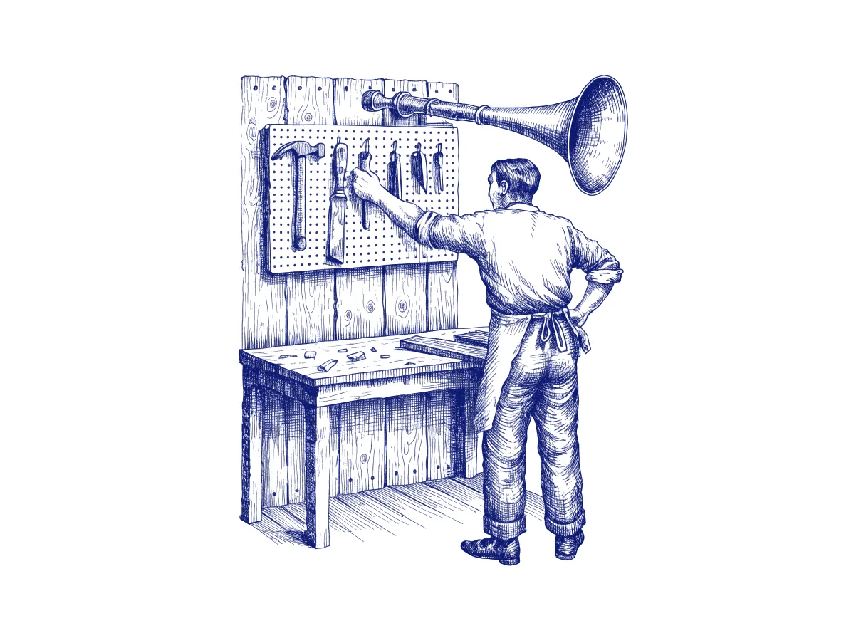 A carpenter seen from behind reaches past a large brass speaking trumpet bolted to the workshop wall to take a worn chisel from the exact pegboard hook where it has always hung, the whole scene drawn with wide empty margins on every side.