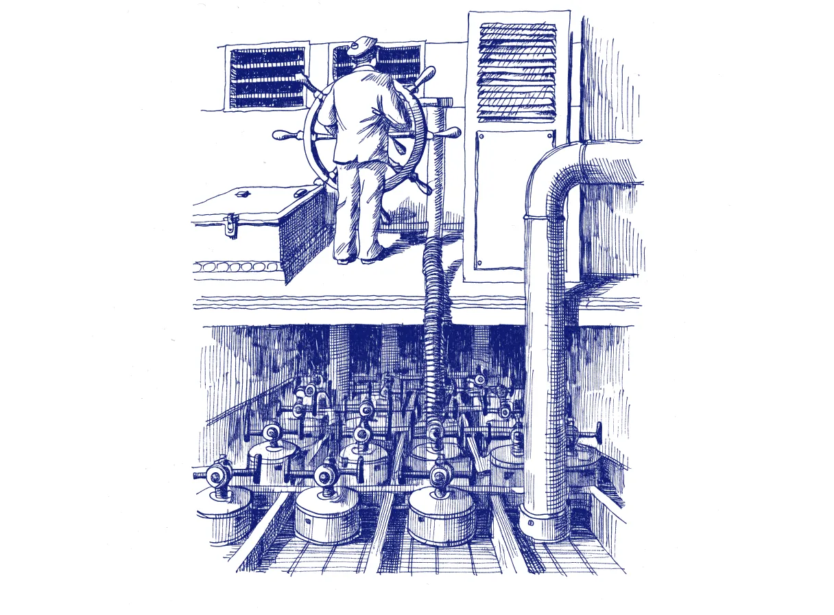A ship's bridge where one figure seen from behind holds the wheel while a single brass speaking tube runs down to an engine room full of small turning machines, the whole scene drawn with wide empty margins on every side.