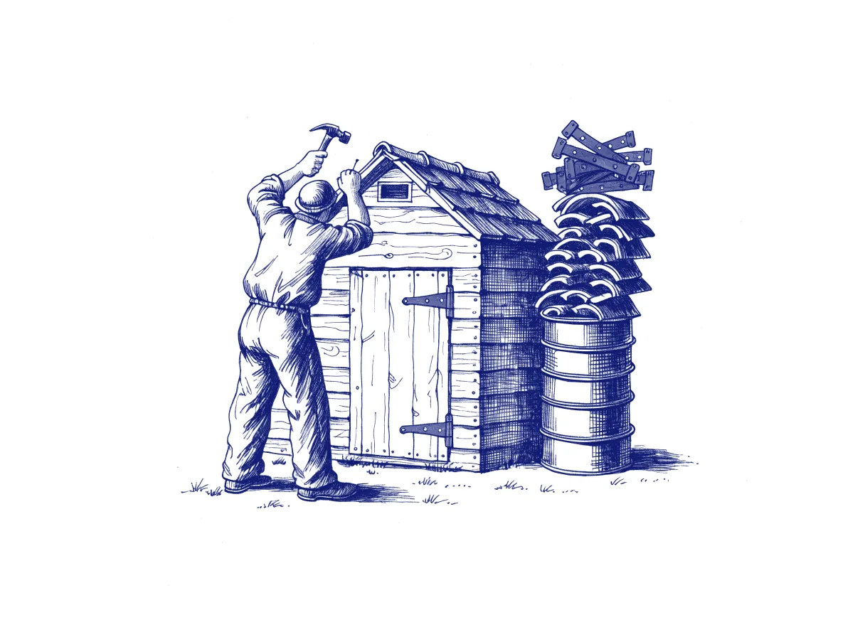 A figure seen from behind drives the last nail into a small garden shed built in a single day, while a tall stack of paint tins, roof tiles and spare hinges waits beside it for the years of repairs ahead, the whole scene drawn with wide empty margins on every side.