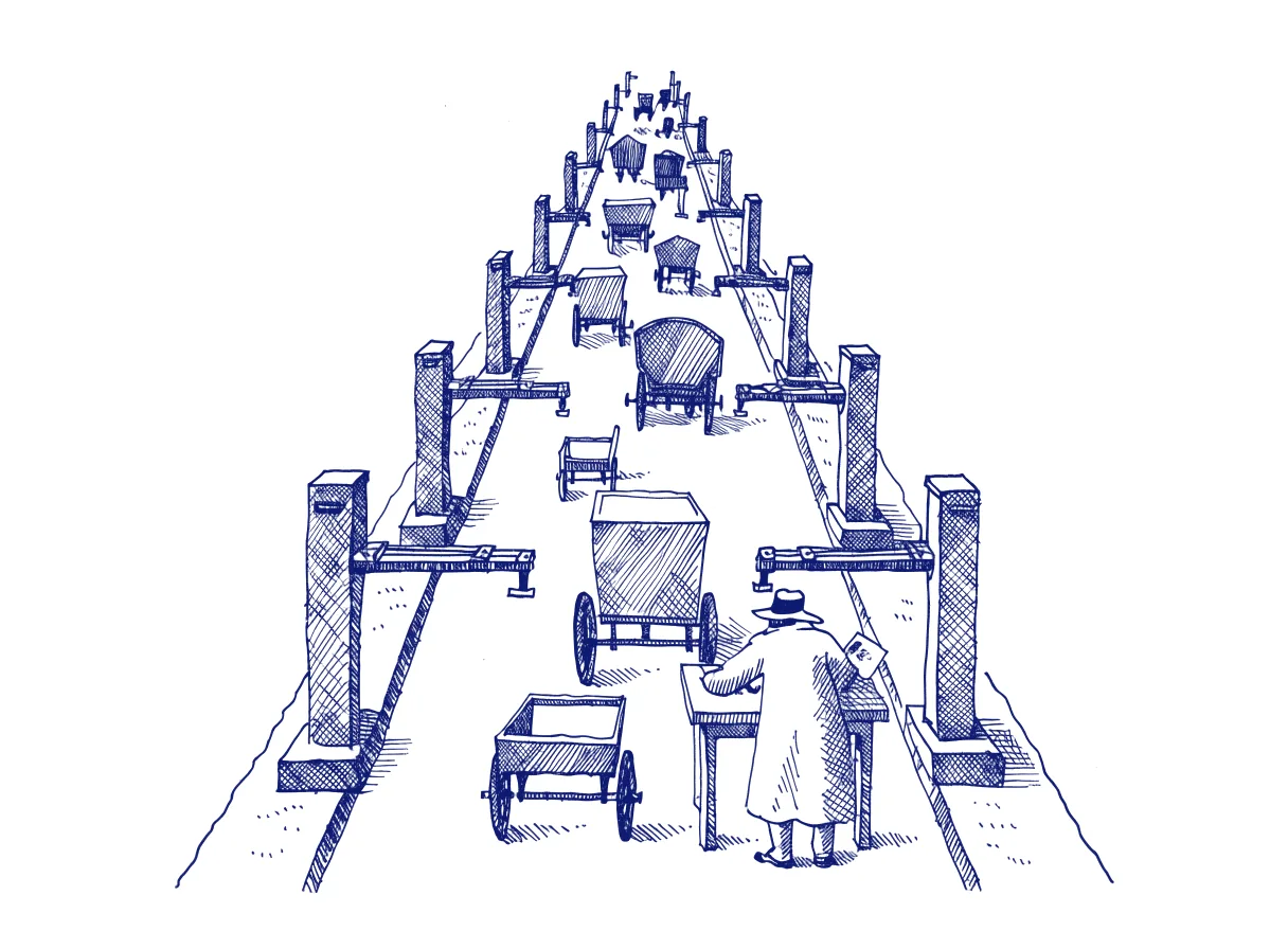 A long paved road lined with automatic toll gates, where carts of every size, from a hand barrow to a horse wagon, pass through the same gates in single file while one gatekeeper seen from behind checks a stamped ticket on each cart, the whole scene drawn with wide empty margins on every side.