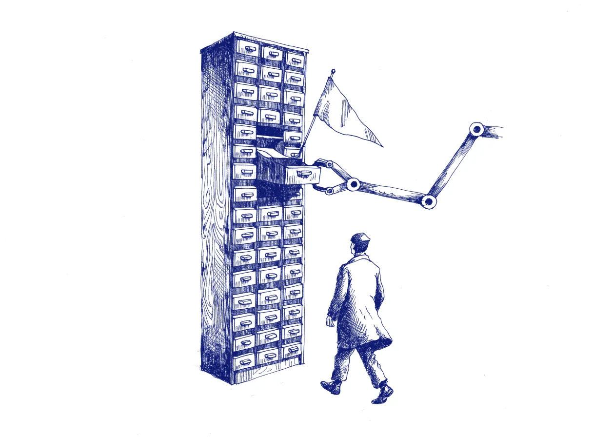 A tall wooden card catalogue with many small drawers, where a mechanical arm reaching into one empty drawer stops and raises a small flag instead of placing a card, while a figure seen from behind walks over to look, the whole scene drawn with wide empty margins on every side.