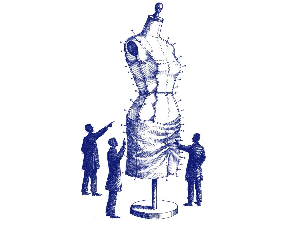 A tailor's dress form wearing a garment pinned together from paper pattern pieces that turn into stitched cloth from the hem upward, while three silhouetted figures stand around it pointing at the seams, the whole scene drawn with wide empty margins on every side.