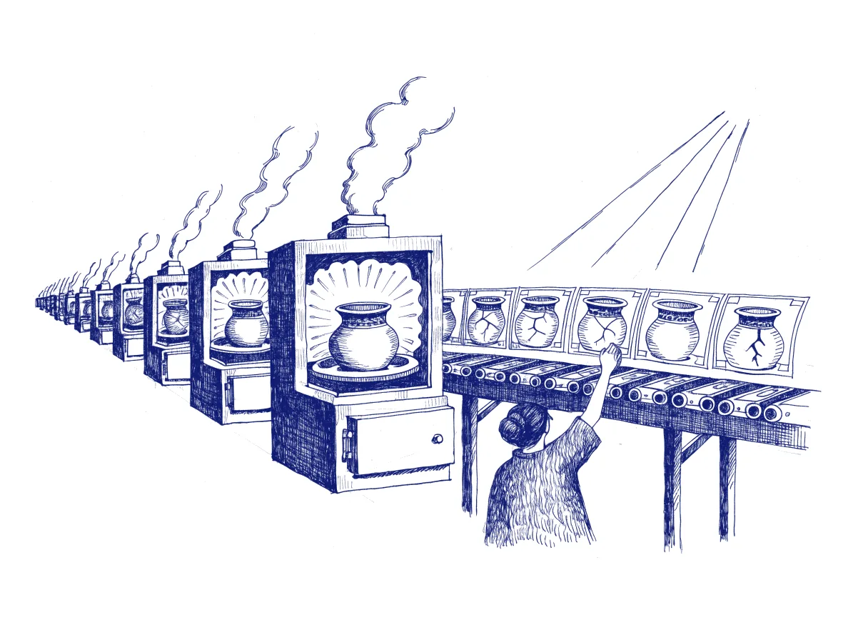 A row of identical small kilns, each firing its own pot, with a conveyor carrying out film strips that show two frames side by side, a cracked pot and the same pot mended, while a figure seen from behind holds one strip up to the light, the whole scene drawn with wide empty margins on every side.
