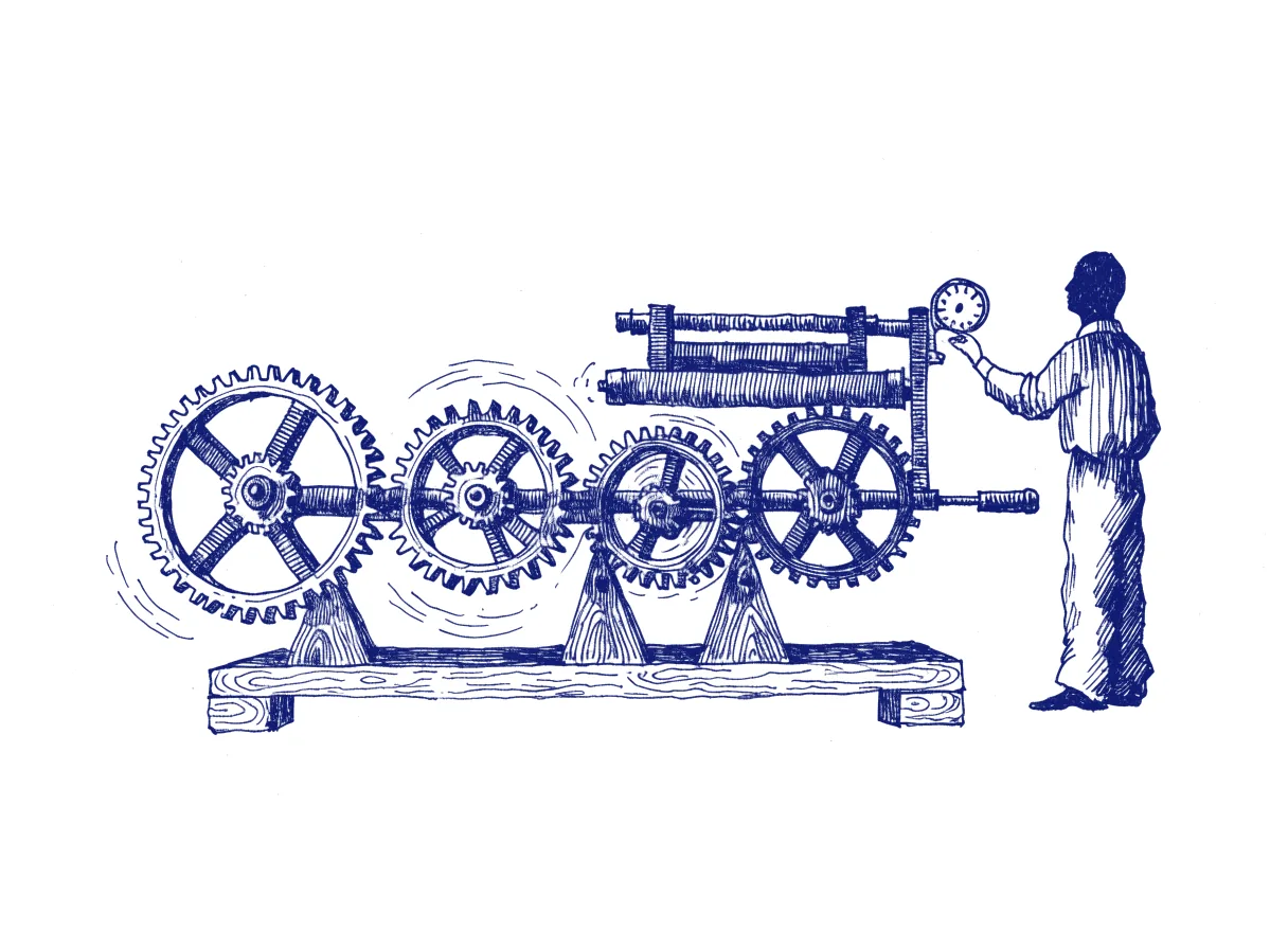 Four meshed gears of different sizes drive a small printing press, the smallest spinning fast at the centre and the largest turning slowly at the edge, while a figure seen from behind reads a pressure gauge on the frame, the whole scene drawn with wide empty margins on every side.