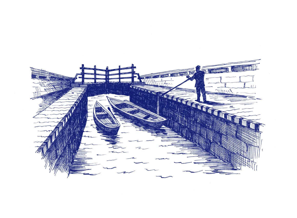 A canal lock where small boats pass through fixed gates on their own while a lock keeper in silhouette holds the one lever that opens the final gate, the whole scene drawn with wide empty margins on every side.