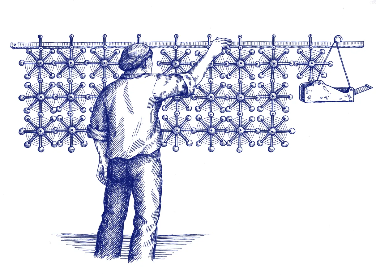 A carpenter seen from behind reaches past a wall of identical star-shaped gadgets hanging on pegs to take down one plain, worn hand plane, the whole scene drawn with wide empty margins on every side.