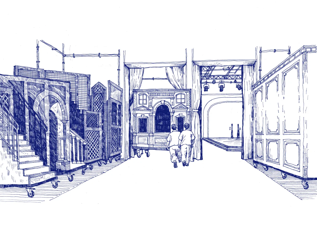 A rehearsal stage built from a theatre's own real scenery flats on rolling casters, with many sets standing ready and one chosen set being wheeled through a narrow inspection gate toward the main stage, the figures pushing it seen from behind, the whole scene drawn with wide empty margins on every side.