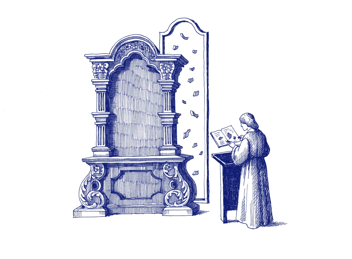 A large carved wooden original standing in front of a tall mirror whose reflection is missing a few pieces, while a figure seen from behind writes the missing parts into a small notebook on a lectern beside it, the whole scene drawn with wide empty margins on every side.