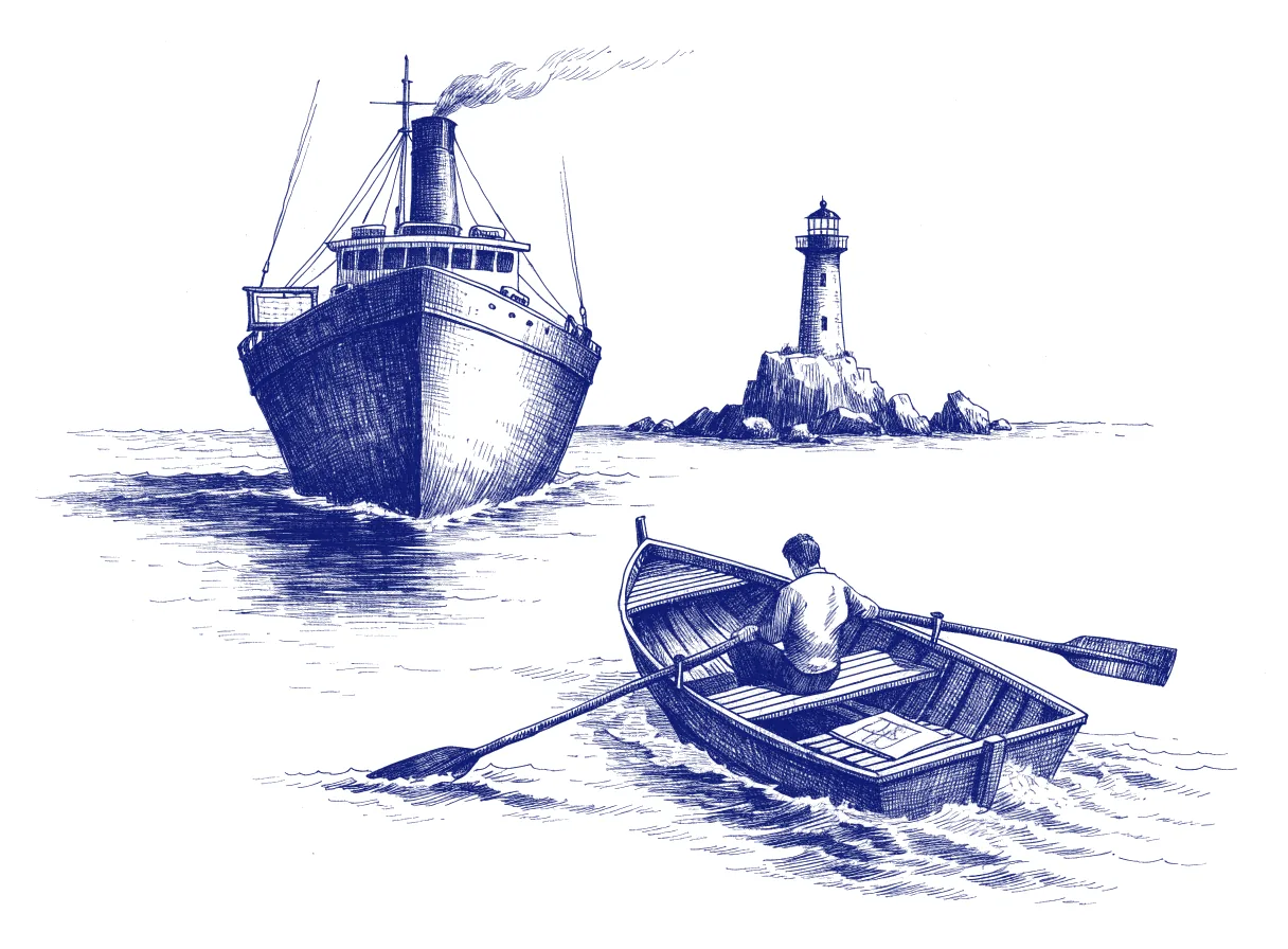 A small rowing boat carrying one folded paper chart on its bench gliding past a huge steamship with an empty chart table, both heading for the same lighthouse, the rower seen from behind, the whole scene drawn with wide empty margins on every side.
