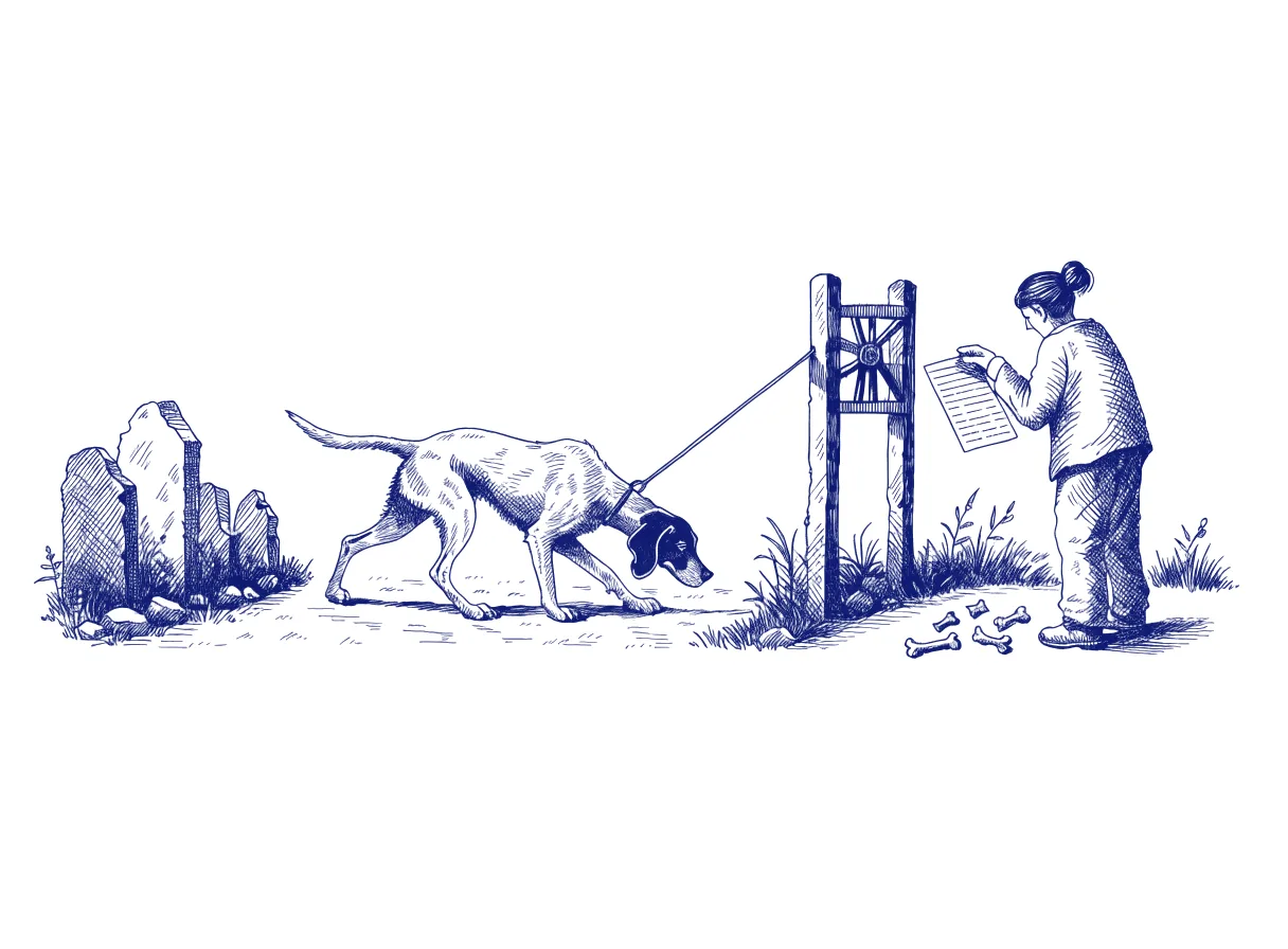 A tracking dog on a long lead following a scent along a path lined with old stone markers, ending at a turnstile where a figure seen from behind checks each object the dog brings against a printed list, the whole scene drawn with wide empty margins on every side.