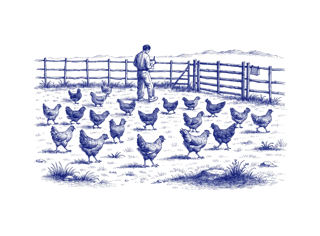 A flock of hens roaming freely across a wide meadow inside a low open fence with one gate and a small logbook hanging on a post, a farmer seen from behind counting them, the whole scene drawn with wide empty margins on every side.