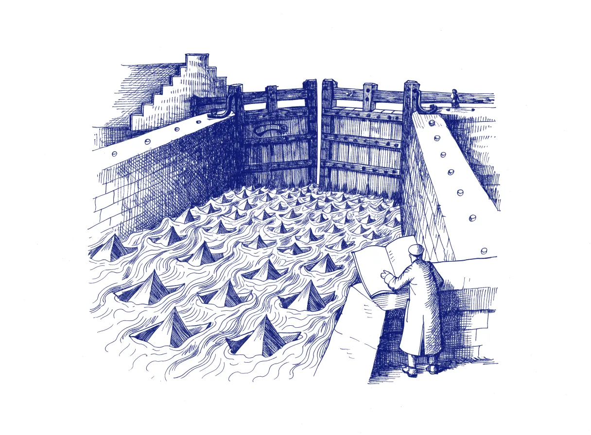 A canal lock in which a fast stream of paper boats is held between two closed gates while a figure seen from behind unfolds a two-page chart on the lock wall before opening the far gate, the whole scene drawn with wide empty margins on every side.
