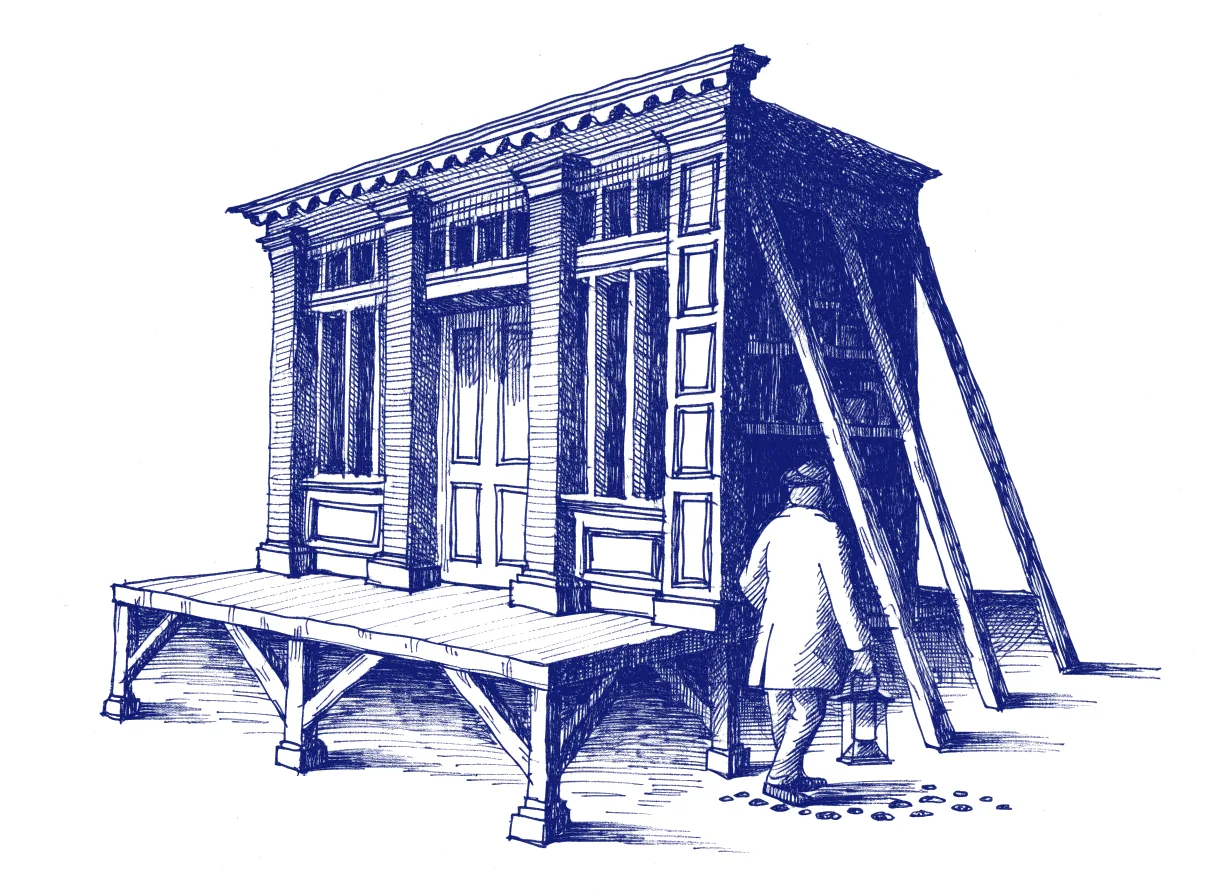 A theatre set of a polished house front held up at the back by bare timber braces, with a figure seen from behind carrying a lantern round into the dark side of the set, the whole scene drawn with wide empty margins on every side.