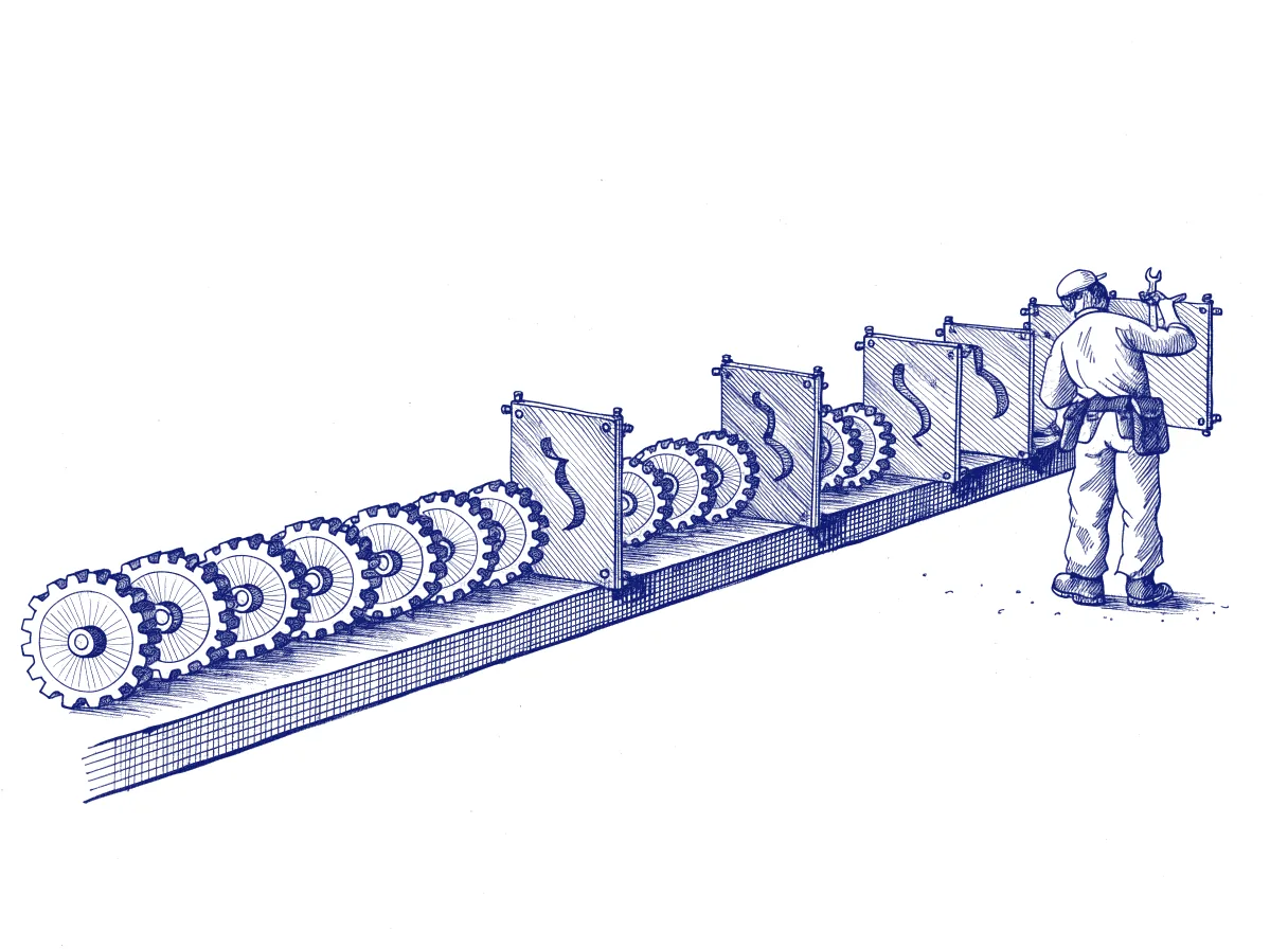 A conveyor belt of identical cog wheels passing through a row of metal gates, each gate cut to stop one kind of bent cog, while a figure seen from behind bolts a new gate onto the line, the whole scene drawn with wide empty margins on every side.