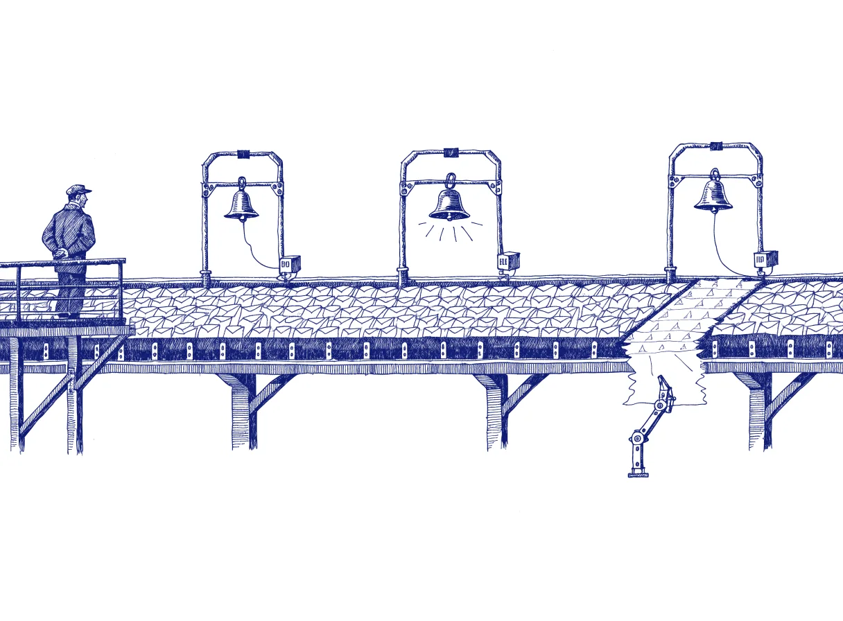 A long factory conveyor carries thousands of sealed envelopes under three fixed brass sensor gates, and where one gate's bell rings a small mechanical arm reaches down to mend a torn stretch of belt while a lone figure, seen from behind, watches from a gantry, the whole scene drawn with wide empty margins on every side.