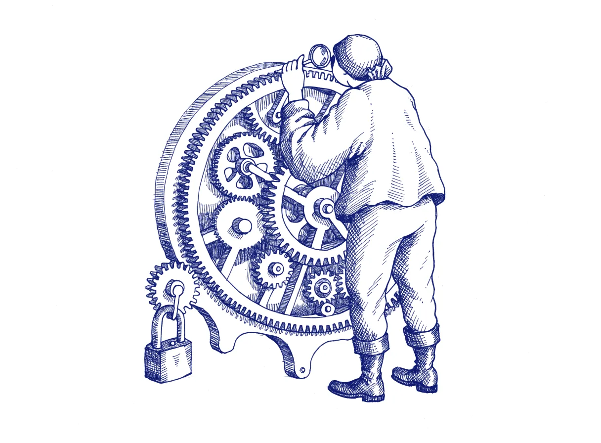A figure seen from behind holds a jeweller's loupe over a gleaming, finely engraved clockwork mechanism and finds one heavy padlock bolted onto a small gear that turns freely without it, the whole scene drawn with wide empty margins on every side.