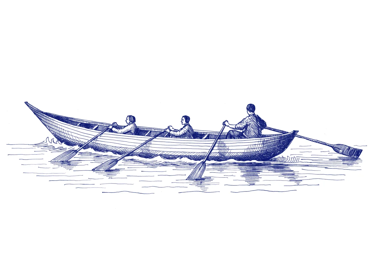 A long rowing boat crosses open water, and the figure at the stern, seen from behind with the back of the head showing, steers with one hand while pulling a full oar alongside two rowers, the whole scene drawn with wide empty margins on every side.