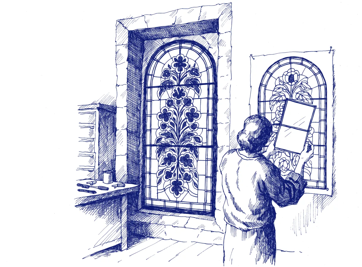 A tall stained-glass window stands in a workshop with one pane lifted out, and a figure seen from behind holds that single pane up against the original full-size drawing pinned to the wall before setting it back, the whole scene drawn with wide empty margins on every side.
