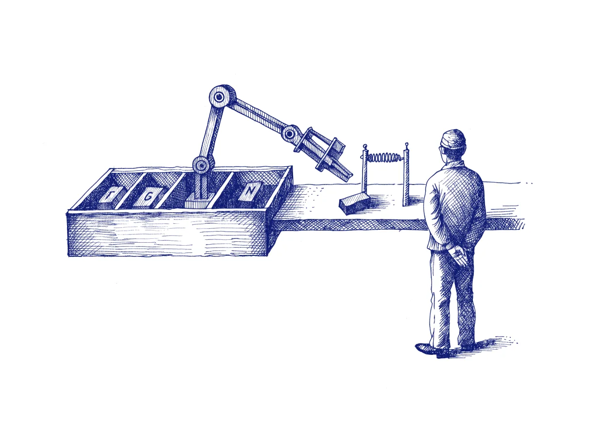 A mechanical arm sets type from a wooden case whose few compartments each hold one labelled letter block, while a stray loose block on the bench is pushed back by a small spring-loaded gate and a figure seen from behind watches, the whole scene drawn with wide empty margins on every side.