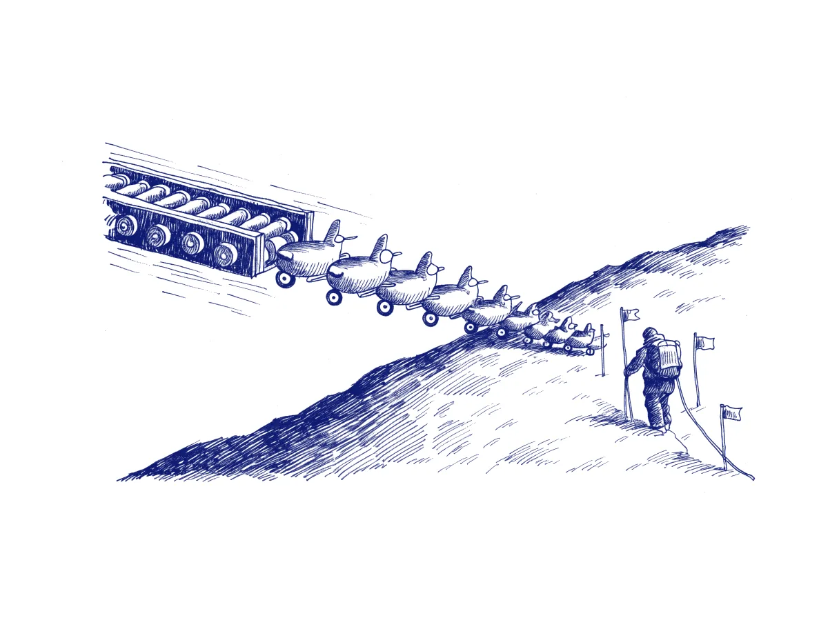 A row of identical toy aeroplanes rolling off a fast conveyor belt onto an unmarked snowy mountainside, where a roped climber seen from behind plants marker flags ahead of them, the whole scene drawn with wide empty margins on every side.