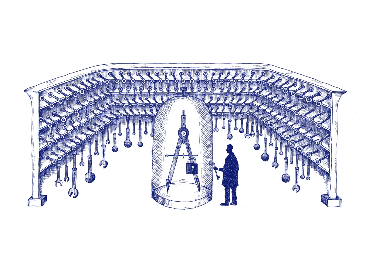 A large workshop wall rack where small mechanical arms lift down wrenches and hammers on their own, while a single drawing compass stays in a locked glass case at the centre with a silhouetted figure holding its key, the whole scene drawn with wide empty margins on every side.