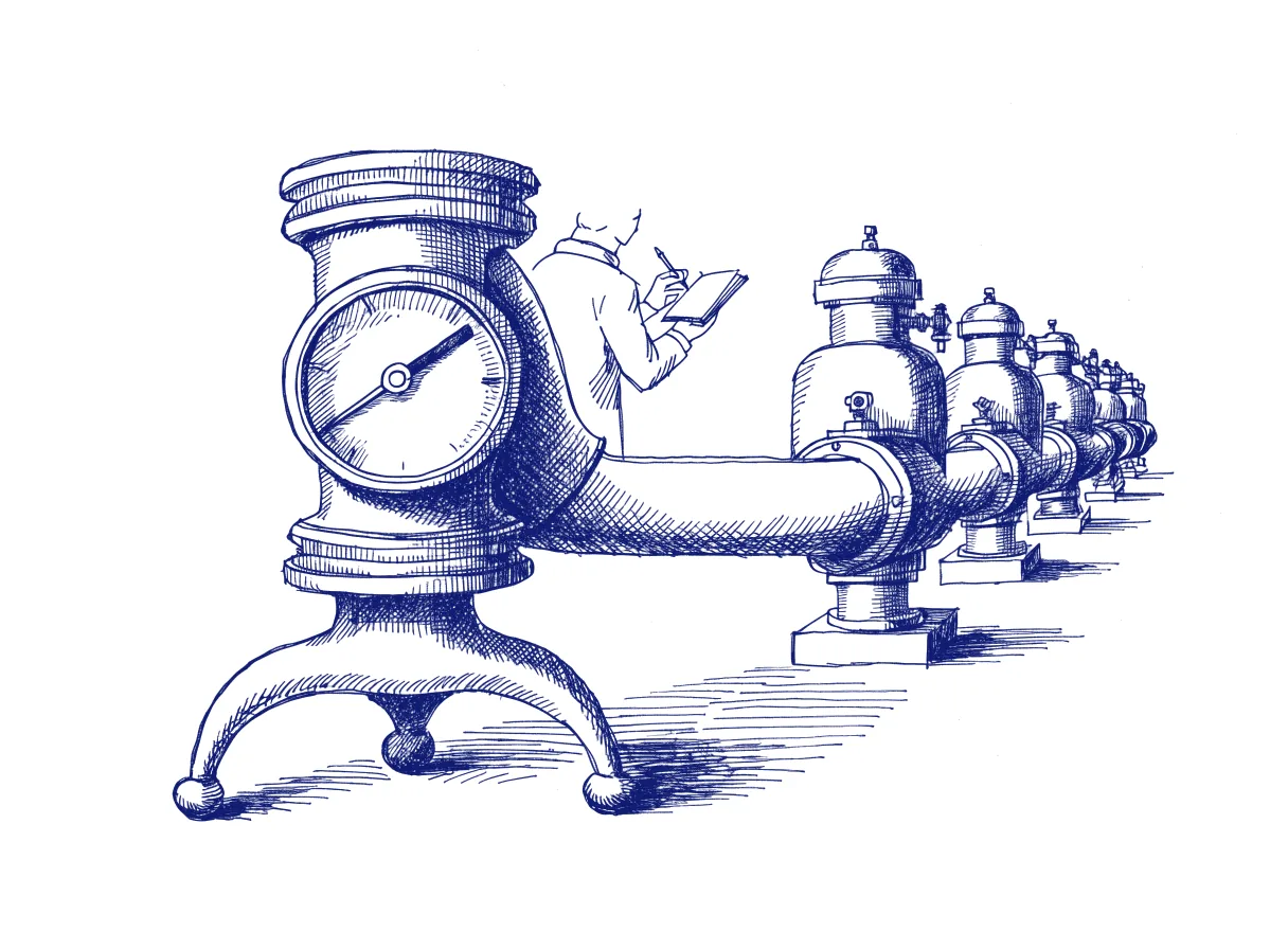 A large gas meter with a clear round dial fixed to a pipe that feeds a row of engines of different sizes, each with its own small valve, while a figure seen from behind writes the dial reading in a notebook, the whole scene drawn with wide empty margins on every side.