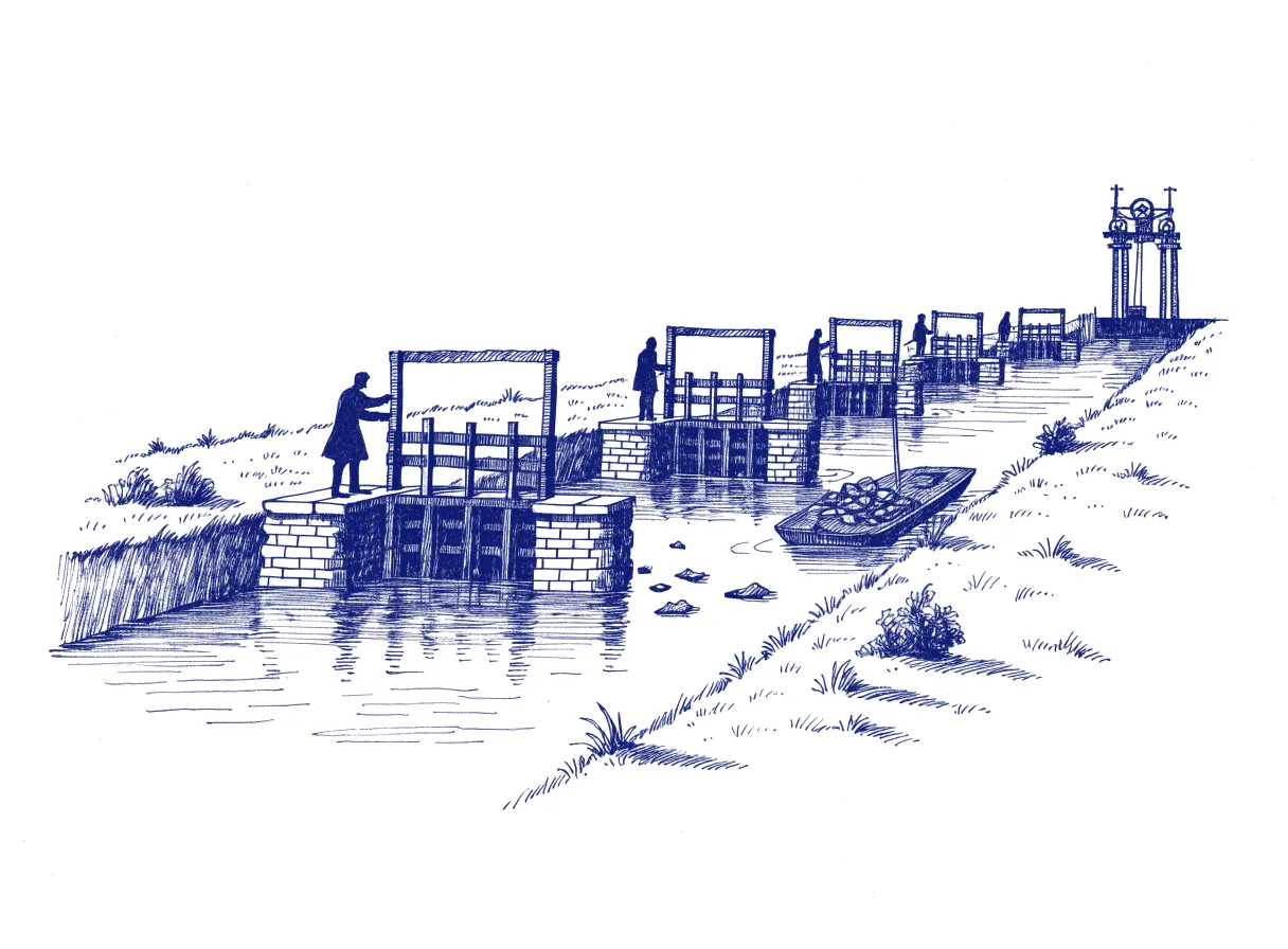 A canal with six lock gates in a row, each worked by its own keeper in silhouette, where a barge is cleared of floating debris before it enters a motorised boat lift at the far end, the whole scene drawn with wide empty margins on every side.