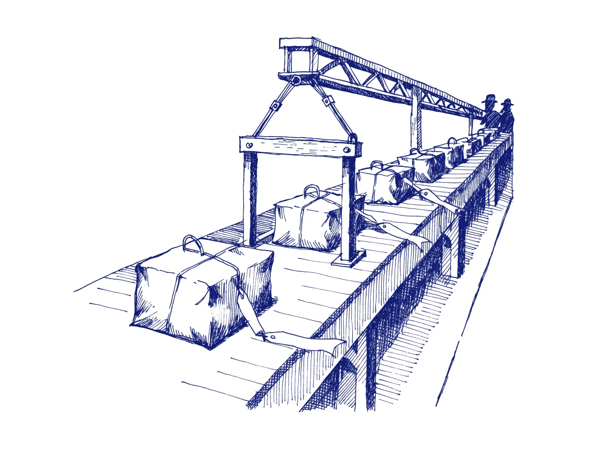 A row of parcels rides a factory conveyor toward a barrier arm that lifts only for parcels with a long paper tag tied to them, while one untagged parcel waits at the lowered arm, the whole scene drawn with wide empty margins on every side.