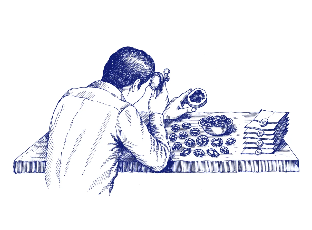 A jeweller seen from behind examines stones through a loupe at a workbench and pushes one false gem aside, while a stack of sealed purchase orders sits unopened at the far edge of the bench, the whole scene drawn with wide empty margins on every side.