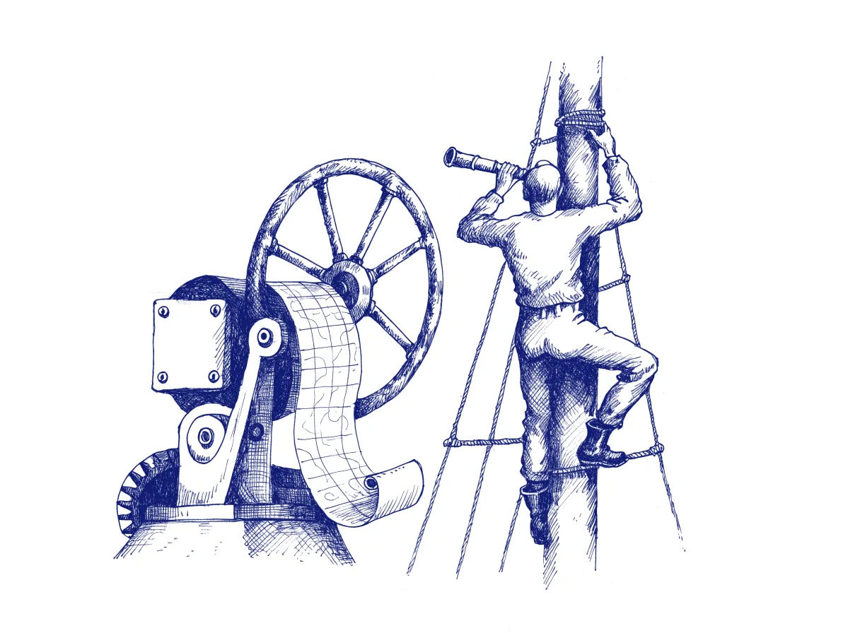 A ship's autopilot steers from a paper chart fed into its wheel, while a lookout seen from behind climbs the mast with a telescope toward open sea the chart does not show, the whole scene drawn with wide empty margins on every side.