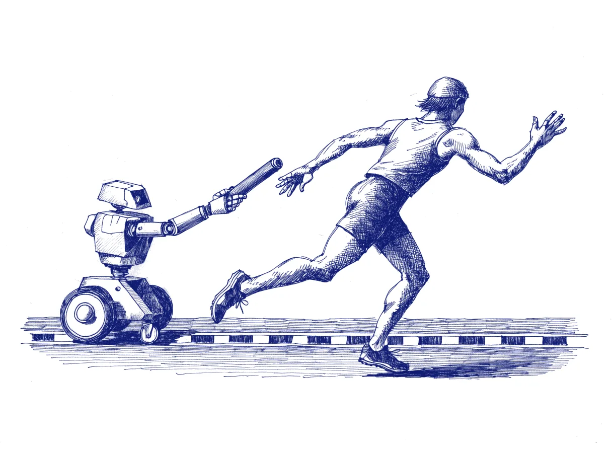 A runner seen from behind reaches back for a relay baton held out by a small wheeled robot, the two hands just missing each other over the painted changeover line of an empty track, the whole scene drawn with wide empty margins on every side.